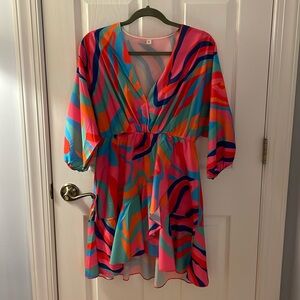 Dress high in front, M fun colors and flowy. 34” from shoulder to bottom